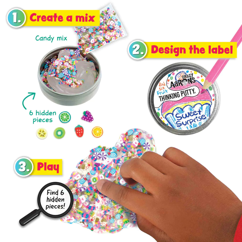 Mixed by Me Hide Inside Thinking Putty kit showing candy mix, decorated tin label, and hand playing with putty.