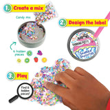 Mixed by Me Hide Inside Thinking Putty kit showing candy mix, decorated tin label, and hand playing with putty.