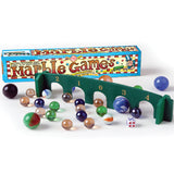 Marble Games set with colorful glass marbles, miniature green wooden arch, dice, and vintage-style box with instructions.