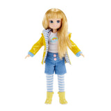 Lottie Muddy Puddles Doll with long blonde hair, yellow raincoat, striped leggings, and yellow rain boots.