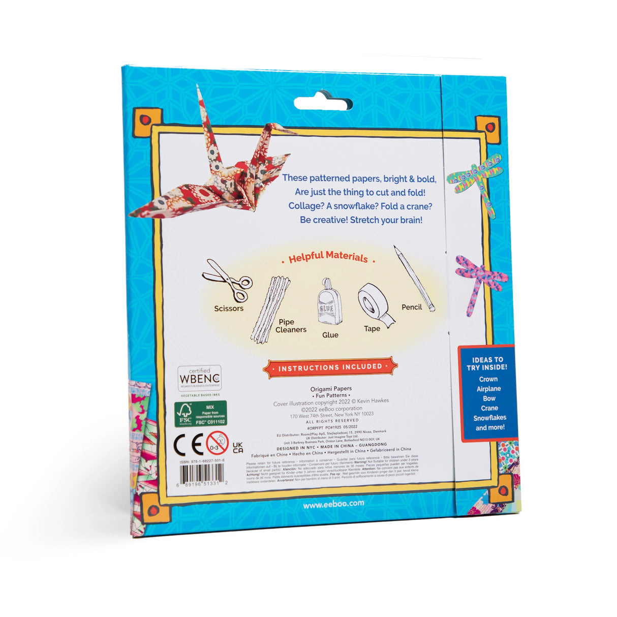 Origami Paper Fun Pattern set packaging showing tools, instructions, and vibrant paper designs for kids 5 and up.