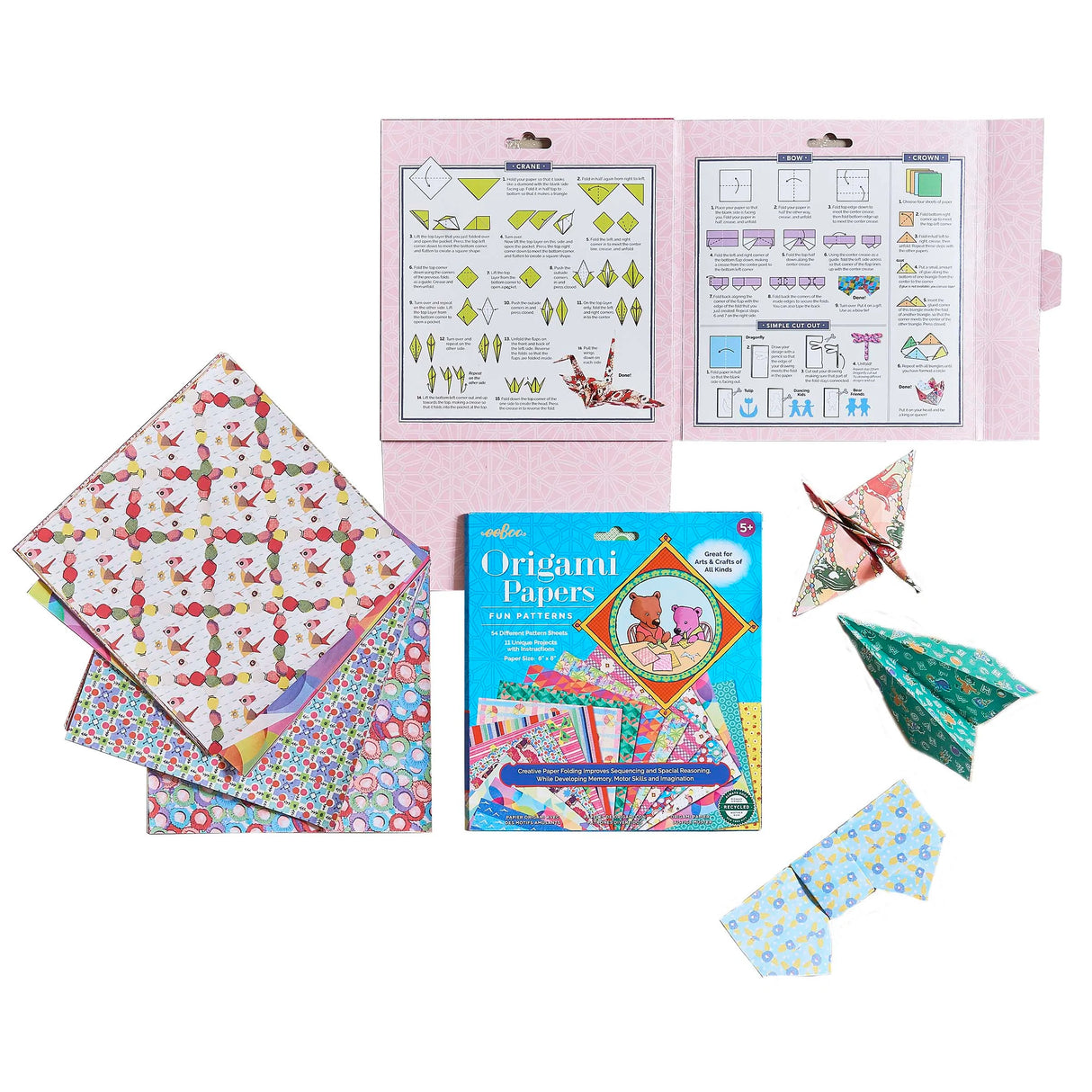Origami Paper Fun Pattern set with colorful patterned papers, instructions, and completed origami shapes for kids 5 and up.