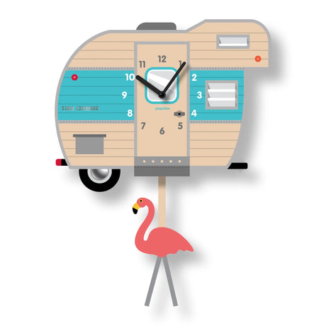 Acrylic Pendulum Clock | Camper featuring a camper design with a pink flamingo pendulum and silent quartz movement.