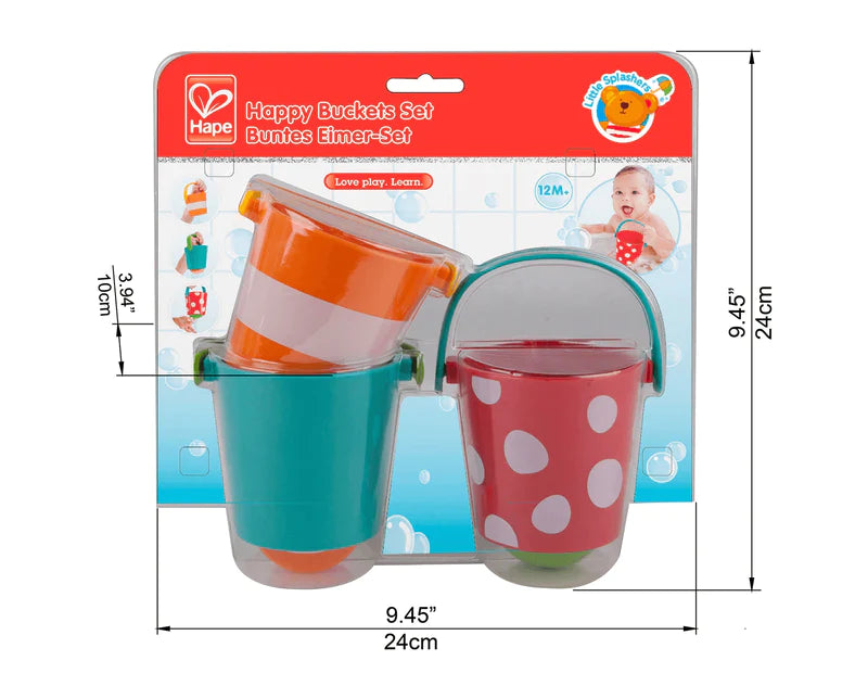 Happy Buckets Set with three colorful BPA-free buckets featuring playful drainage for sensory bath fun ages 1 and up.