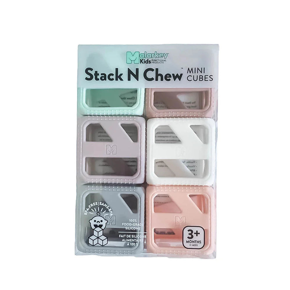 Stack & Chew Pastel Cubes baby teething toy set with BPA-free, food-grade silicone mini cubes in soft pastel colors.