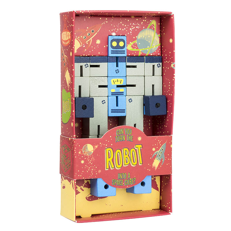 Puzzle Planet Robot wooden brainteaser in colorful space-themed packaging, challenging you to solve and transform the robot.