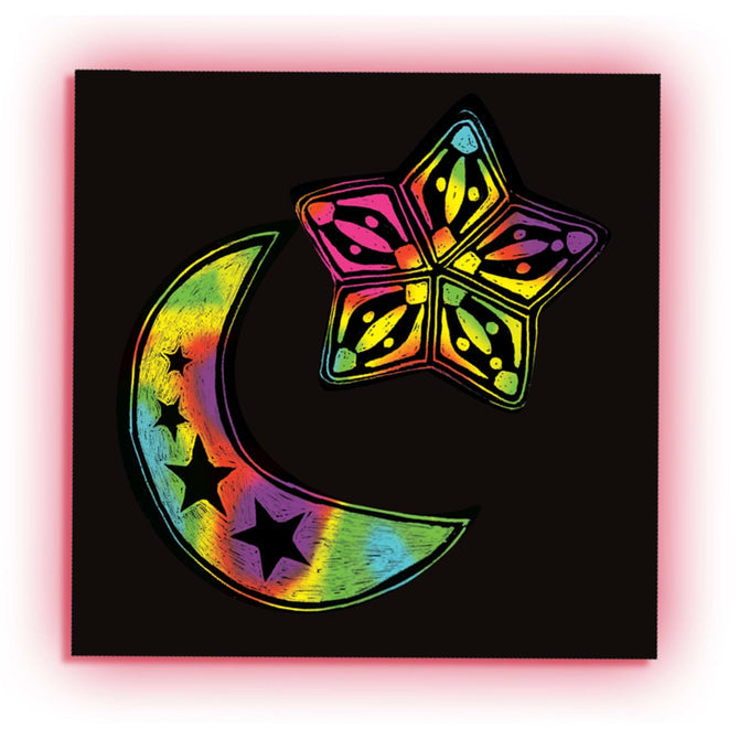Scratch Art Mini Notes Rainbow showing colorful moon and star shapes scratched on black rainbow paper.