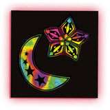Scratch Art Mini Notes Rainbow showing colorful moon and star shapes scratched on black rainbow paper.