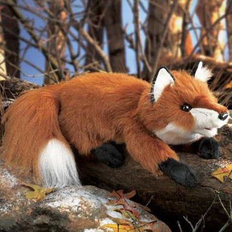 Red Fox Puppet with realistic fur and movable parts, perfect for imaginative play and storytelling, 15 inches long.