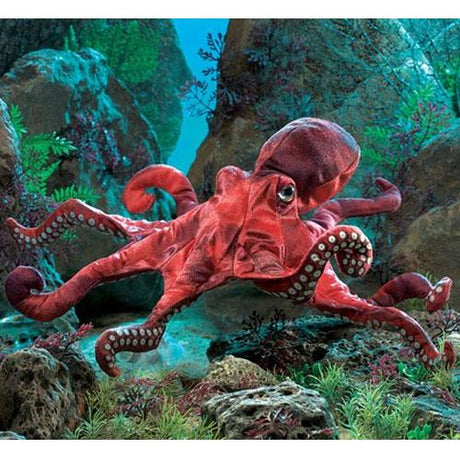Red Octopus Puppet with eight movable arms and printed suction cups, designed to fit like a glove, 19 inches wide.