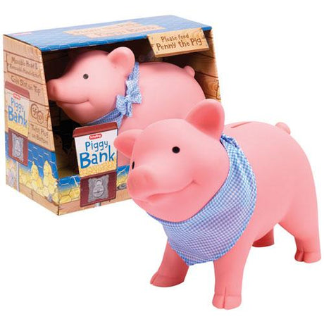 Pink Rubber Piggy Bank with blue bandana, durable vinyl coin saver for kids, measures 11 inches long, ages 3 and up.