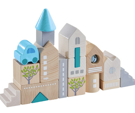 Bad Rodach Wooden Building Blocks set featuring colorful wooden pieces to build town skyline with turrets, roofs, and stairs.
