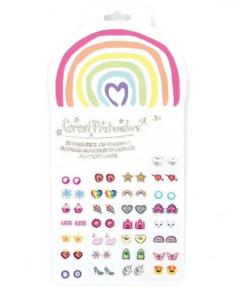 Stick On Earrings | Rainbow Love pack of 30 pairs with hearts, butterflies, rainbows, gems for kids 3+ without pierced ears.