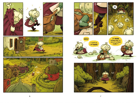 Pages from the graphic novel Garlic and the Vampire featuring Garlic exploring her village of vegetable folk.