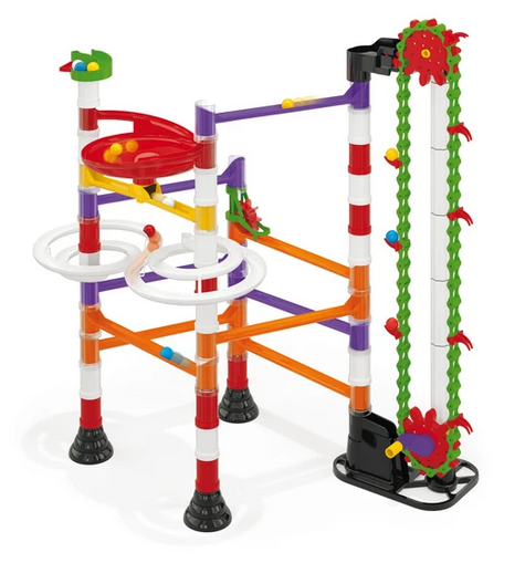 Migoga Elevator Marble Run with colorful twisting chutes, spinning wheels, and a vertical chain elevator for endless marble fun.