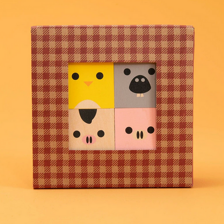 Cubelings Farm Blocks with four free range farm animal cubes in eco-friendly sustainable basswood packaging.