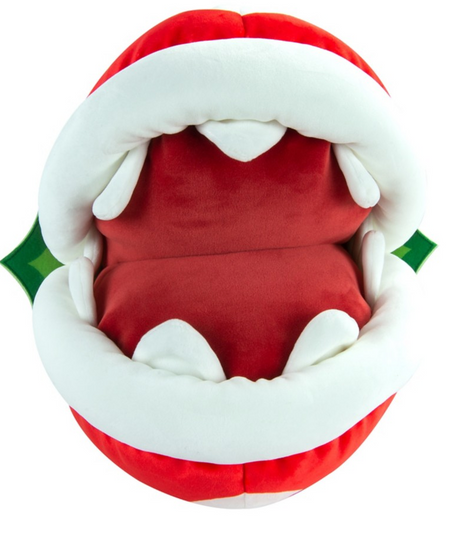 Super Mario Piranha plush showing open mouth and soft red and white textures, perfect for cuddling and collecting.