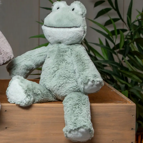 Marshmallow Frog plush toy with soft fabric and embroidered details sitting on wooden surface with greenery background