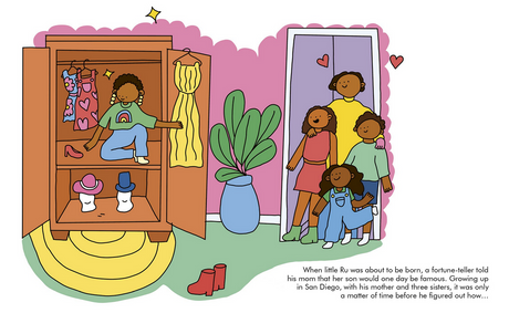 Illustration from Little People, Big Dreams: RuPaul showing a child playing dress-up in a colorful room with family reflection.