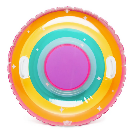Snow Tube | Rainbow with colorful rings, comfort grip handles, and durable 3-foot wide inflatable design for snowy hills.