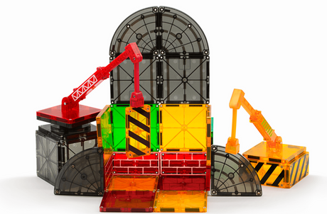 Magnatiles Builder 32pc set with colorful magnetic tiles and two functional cranes for creative construction play.