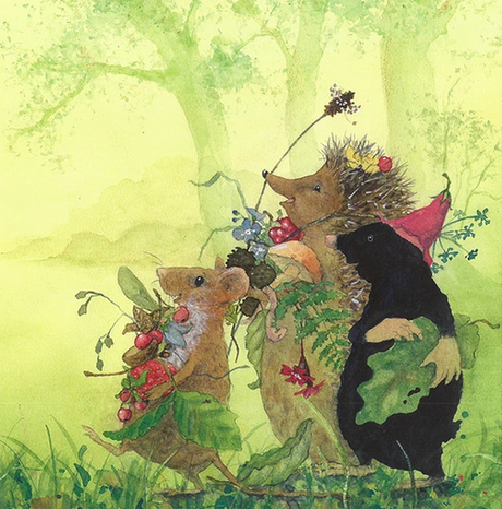Illustration from Little Fairy's Meadow Party showing animal friends carrying berries and leaves in a soft green meadow.