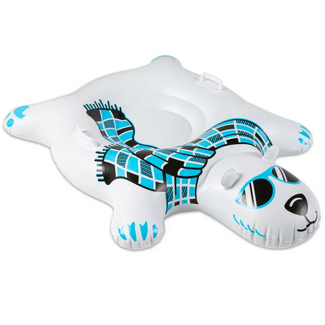 Snow Tube | Polar Bear inflatable four-foot long sled with blue scarf design and sturdy grip handles for snowy hills.