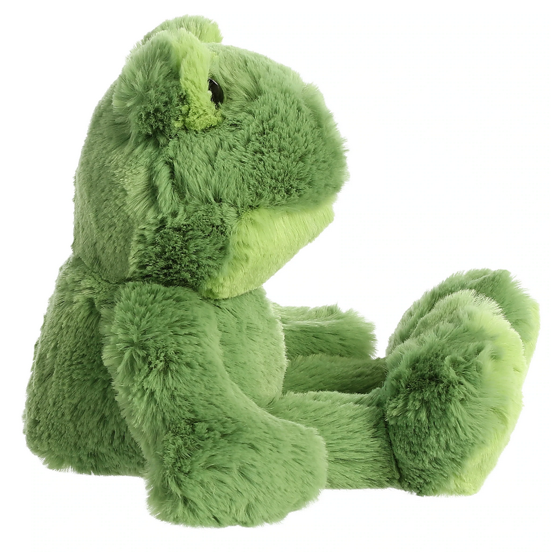Side view of soft, cuddly Frog Fernando plush toy, perfect 8-inch green frog companion for ages 3 and up.