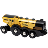 Mighty Golden Action Locomotive with shiny gold metallic paint and black wheels, designed as a classic toy train.