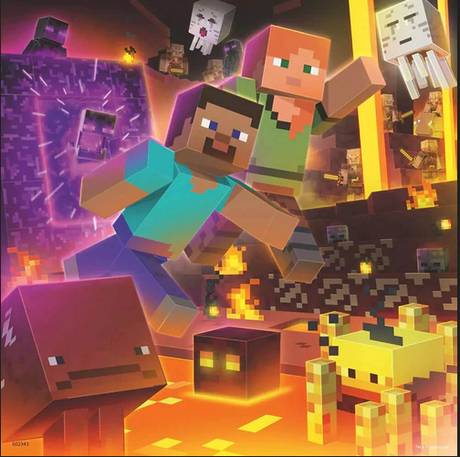 49pc Minecraft Biomes Puzzles featuring Steve and Alex exploring the Nether with glowing mobs and lava background.