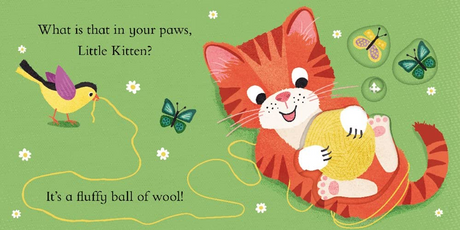 My Little Kitten interactive board book page shows a playful kitten with a ball of wool and colorful butterflies.