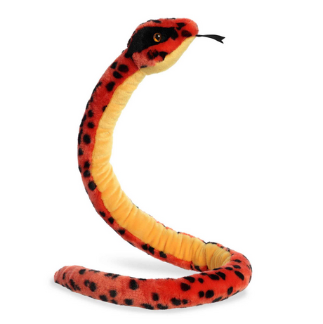 Red Viper Snake plush with red and black spotted fabric, yellow underside, and tongue sticking out, soft and 50" long.