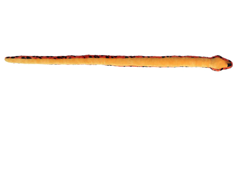 Red Viper Snake plush toy with red and black spotted fabric and yellow underside, soft and 50 inches long.