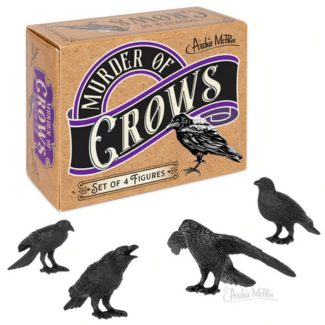 Murder of Crows set with four detailed hard vinyl crow figures and vintage-style illustrated packaging box.