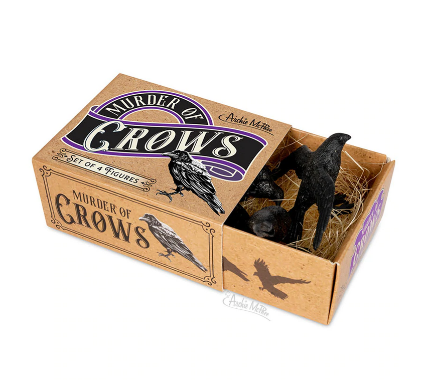 Murder of Crows set featuring four detailed hard vinyl crow figures in a matchbox-style illustrated box with nest.