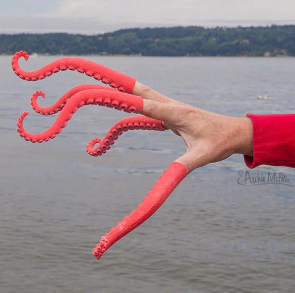 Hand wearing five pink and red Finger Tentacle covers resembling squid tentacles by the water.