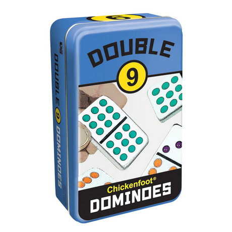 Dominoes Double 9 colorful domino set in a compact tin case for Chickenfoot and family games storage.