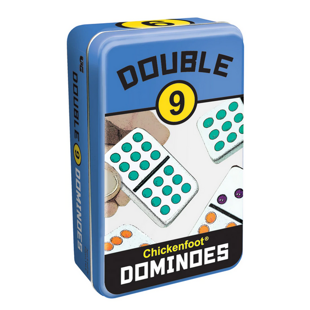 Dominoes Double 9 colorful domino set in a compact tin case for Chickenfoot and family games storage.