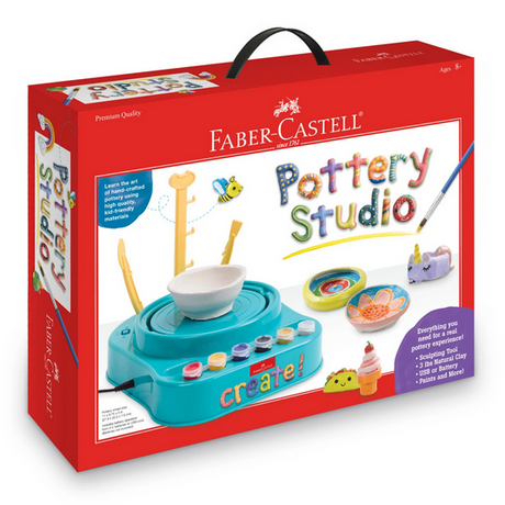 Studio Pottery Wheel kit with a kid-friendly pottery wheel, air-dry clay, paint, and tools for creative ceramic art.