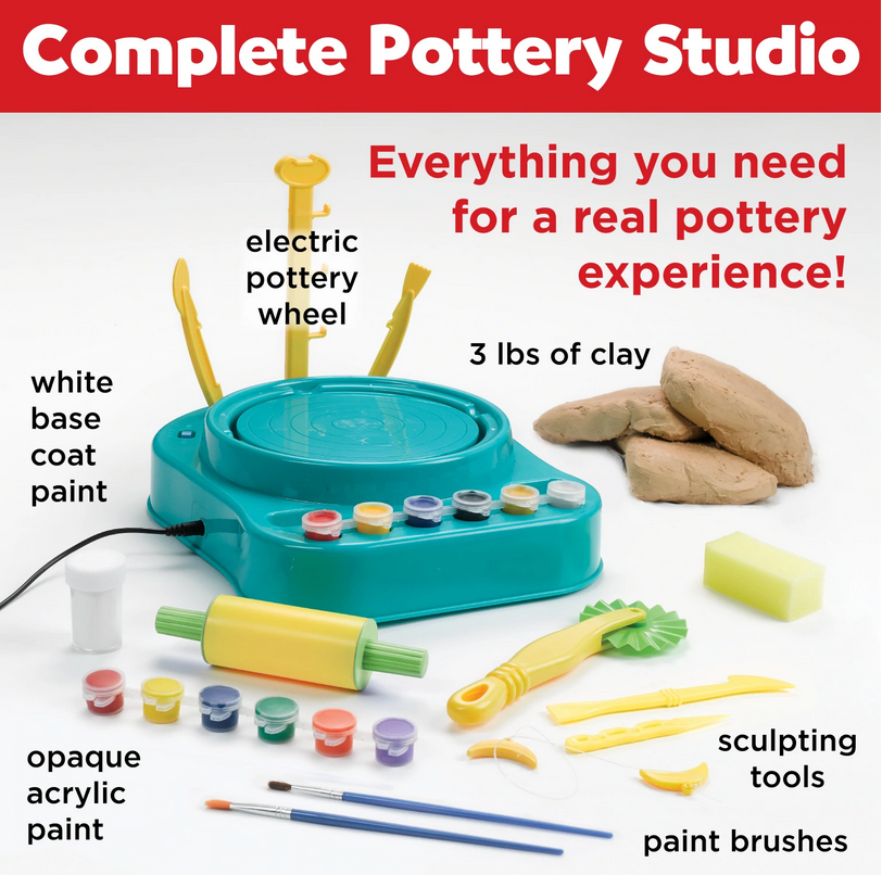 Studio Pottery Wheel set with electric wheel, 3 lbs clay, paint, brushes, sculpting tools, and accessories for kids' pottery experience.