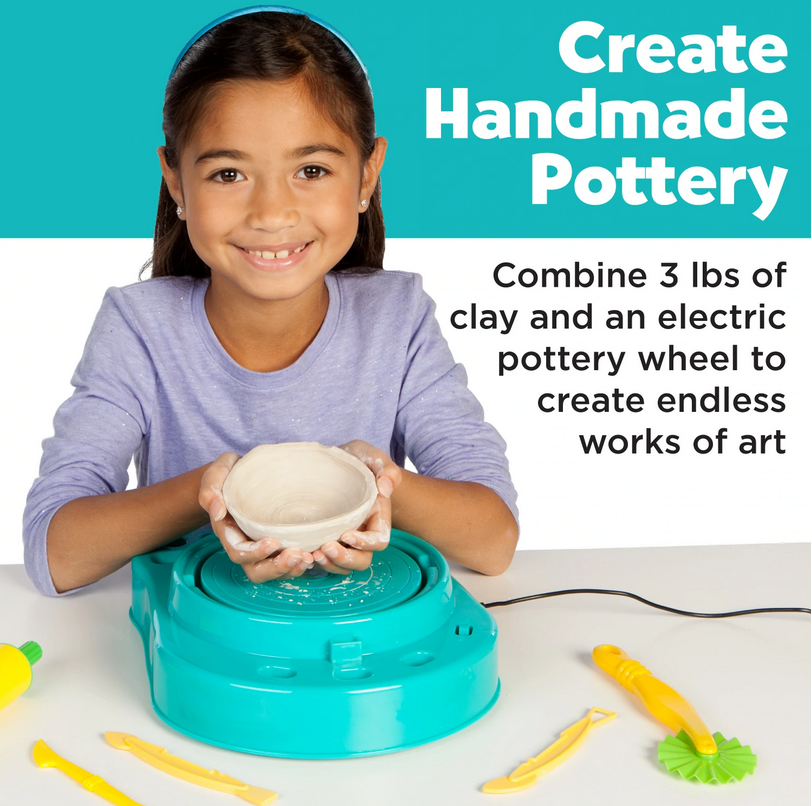 Studio Pottery Wheel with a child holding handmade pottery using the electric wheel and 3 lbs of clay.