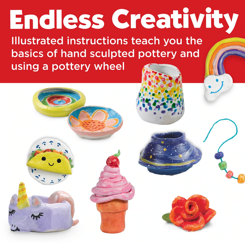 Studio Pottery Wheel with colorful hand-painted pottery creations and illustrated instructions for kids’ creativity.