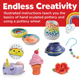 Studio Pottery Wheel with colorful hand-painted pottery creations and illustrated instructions for kids’ creativity.