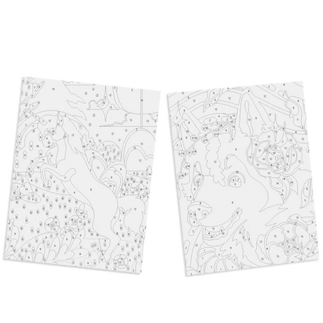 Paint By Number Husky & Unicorn set showing two numbered canvases with detailed outlines of a unicorn and a husky.