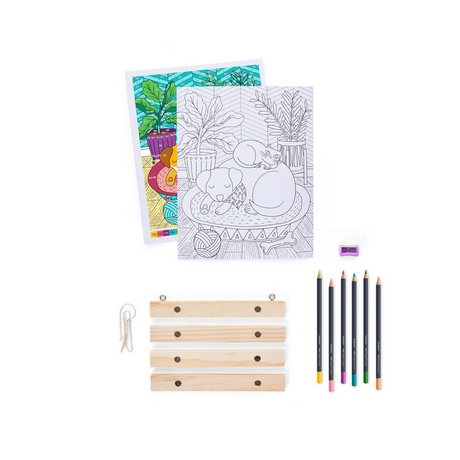 Color by Number Pet Parents set with coloring sheets, colored pencils, magnetic wood frame, sharpener, and string.