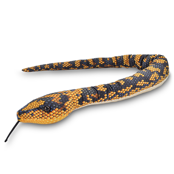 Jungle Carpet Python Snake plush toy with realistic orange and black pattern on soft velvet fabric, 54 inches long stuffed snake.