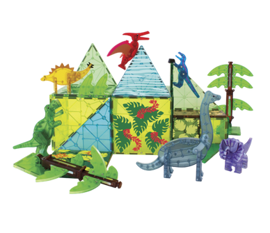 Magnatiles Dino World XL 50pc with oversized tropical tiles and six movable dinosaur figures for imaginative play.