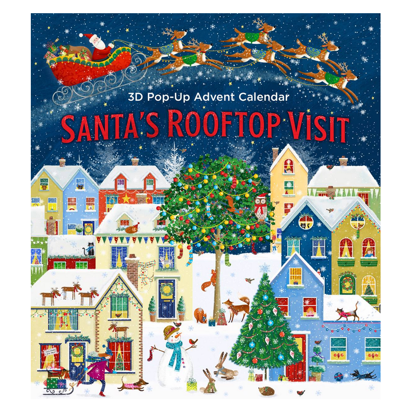 Santa's Rooftop 3D Advent Calendar showing a snowy Christmas town with Santa and reindeer flying overhead at night.