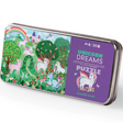 50pc Unicorn Dreams Puzzle in reusable tin featuring colorful unicorns in a vibrant fantasy garden scene for kids 4+ years.