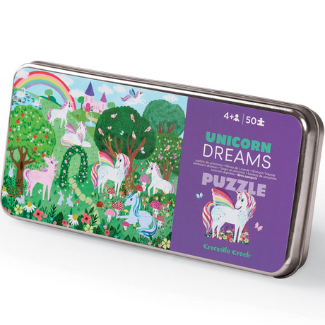 50pc Unicorn Dreams Puzzle in reusable tin featuring colorful unicorns in a vibrant fantasy garden scene for kids 4+ years.